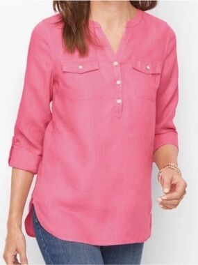 Talbots Pink 100% Linen Pintuck Popover Blouse Roll Tab MP Medium Petite
